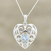 Blue topaz pendant necklace, 'Heart of Jaipur' - Romantic Blue Topaz Heart Pendant Necklace