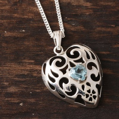 Blue topaz pendant necklace, 'Heart of Jaipur' - Romantic Blue Topaz Heart Pendant Necklace