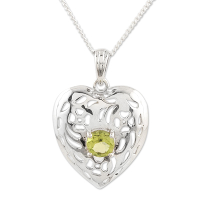 Peridot pendant necklace, 'Heart of India' - Jali Style Heart Pendant Necklace with Peridot