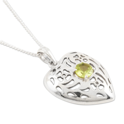 Peridot pendant necklace, 'Heart of India' - Jali Style Heart Pendant Necklace with Peridot