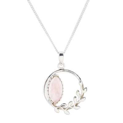 Rose quartz pendant necklace, 'Pink Wreath' - Hand Crafted Rose Quartz and Sterling Silver Necklace