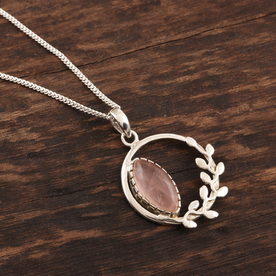 Rose quartz pendant necklace, 'Pink Wreath' - Hand Crafted Rose Quartz and Sterling Silver Necklace