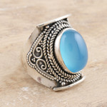 Chalcedony cocktail ring, 'Placid' - Bezel Set Blue Chalcedony Cabochon Cocktail Ring