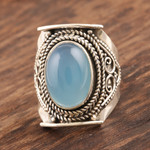 Chalcedony cocktail ring, 'Placid' - Bezel Set Blue Chalcedony Cabochon Cocktail Ring