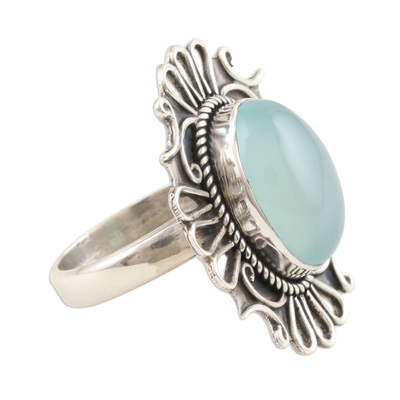 Chalcedony cocktail ring, 'Artistic Flower' - Chalcedony Cabochon and Sterling Silver Cocktail Ring