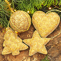 Embellished Gold Satin Christmas Ornaments (Set of 4),'Golden Christmas'