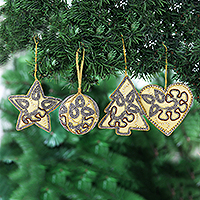 Beaded satin ornaments, 'Festive Celebrations' (set of 4) - Beaded and Embroidered Christmas Ornaments (Set of 4)