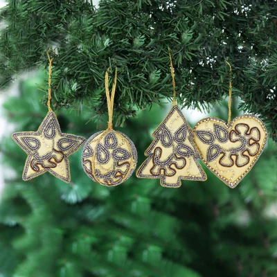 Beaded satin ornaments, 'Festive Celebrations' (set of 4) - Beaded and Embroidered Christmas Ornaments (Set of 4)