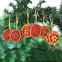 Embroidered velvet ornaments, 'Velvet Holiday' (set of 6) - Beaded and Embroidered Velvet Ornaments (Set of 6)