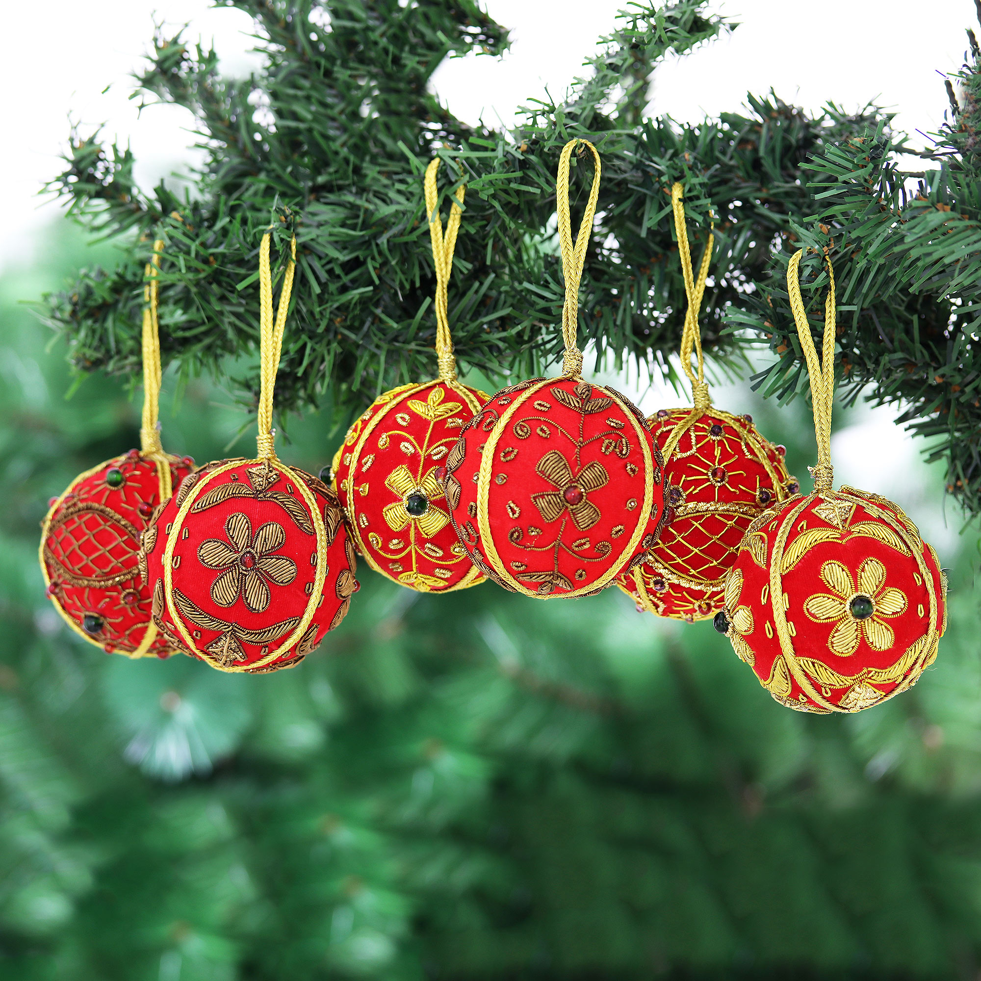 Set of 10 Red Velvet Embroidered Christmas Ornaments