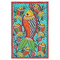 Madhubani painting, 'Fish Family' - Madhubani Style Fish Painting