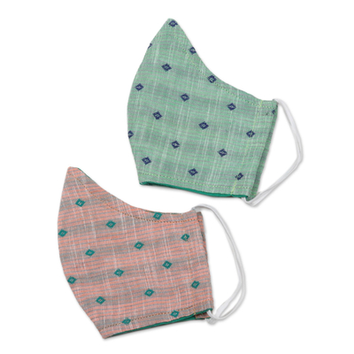 Gesichtsmasken aus Baumwolle, (Paar) - 1 pfirsichfarbene / 1 mintgrüne 3-lagige Baumwoll-Gesichtsmasken