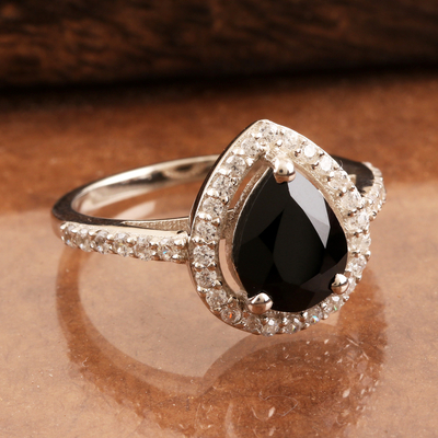 Spinel cocktail ring, 'Magic at Midnight' - Black Spinel and Cubic Zirconia Cocktail Ring