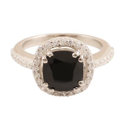 Spinel cocktail ring, 'Glamour at Midnight' - Black Spinel and Cubic Zirconia Cocktail Ring