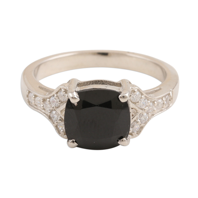 Spinel cocktail ring, 'Stunning at Midnight' - Black Spinel and Cubic Zirconia Cocktail Ring
