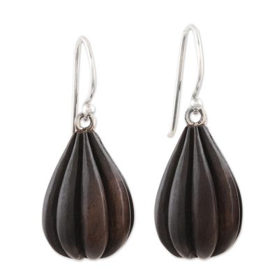 Ebony wood dangle earrings, 'Dancing Delight' - Abstract Avocado Ebony Wood Dangle Earrings