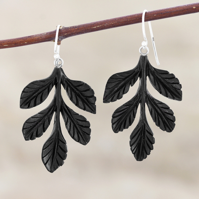 Ebony wood dangle earrings, 'Leafy Bouquet' - Leaf Cluster Ebony Wood Dangle Earrings