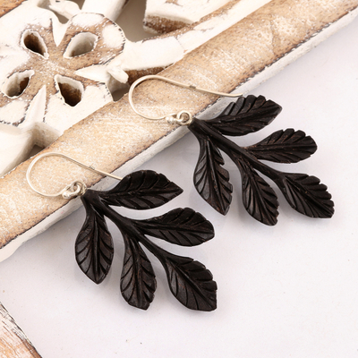 Ebony wood dangle earrings, 'Leafy Bouquet' - Leaf Cluster Ebony Wood Dangle Earrings