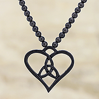 Ebony pendant necklace, 'Heart of Darkness' - Beaded Ebony Wood Heart Pendant Necklace