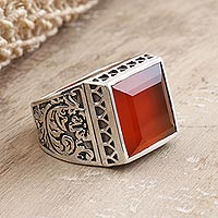 Men's onyx ring, 'Fiery Style' - Men's Hand Crafted Sterling Silver and Red Onyx Ring