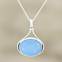Chalcedony pendant necklace, 'Smooth Seas Ahead' - Handmade Sterling Silver Blue Chalcedony Pendant Necklace