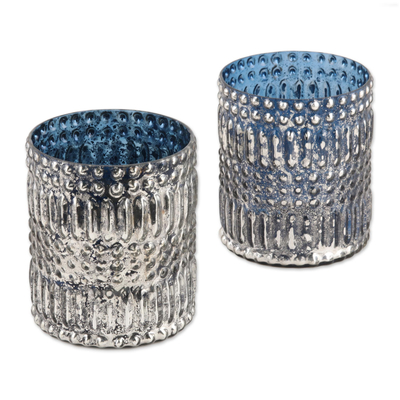 Glass votive candleholders, 'Vintage Light' (pair) - Silver and Light Blue Votive Candleholders (Pair)