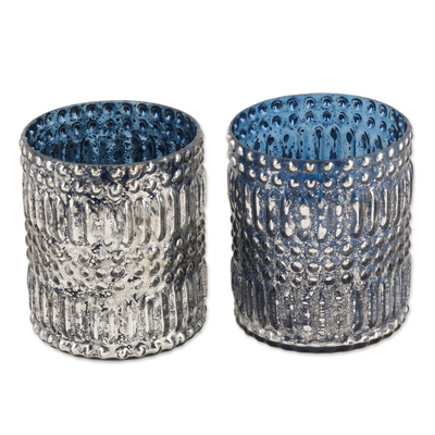 Glass votive candleholders, 'Vintage Light' (pair) - Silver and Light Blue Votive Candleholders (Pair)