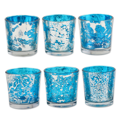 Glass votive candleholders, 'Timeless Glow in Blue' (set of 6) - Blue and Silver Glass Votive Candleholders (Set of 6)
