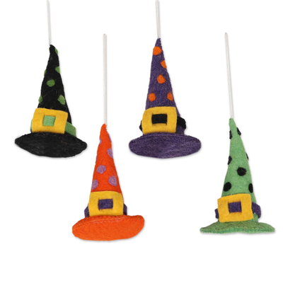 Wool felt ornaments, 'Magical Hats' (set of 4) - Witch Hat Halloween Ornaments (Set of 4)