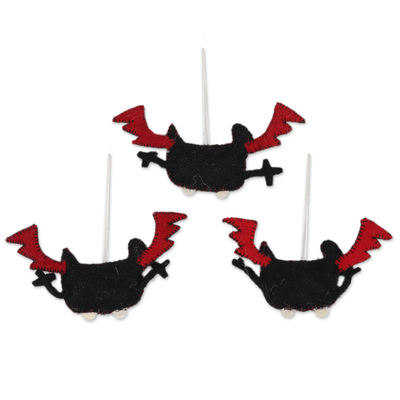 Wool felt ornaments, 'Mystic Bats' (set of 3) - Handmade Halloween Bat Ornaments (Set of 3)