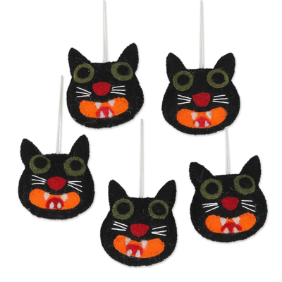 Hand Crafted Black Cat Wool Felt Ornaments (Set of 5)
