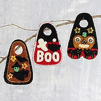Wool felt door hangers, 'Halloween Greetings' (set of 3) - Handmade Wool Felt Halloween Door Hangers (Set of 3)