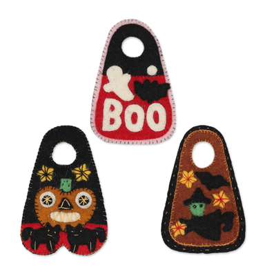Wool felt door hangers, 'Halloween Greetings' (set of 3) - Handmade Wool Felt Halloween Door Hangers (Set of 3)