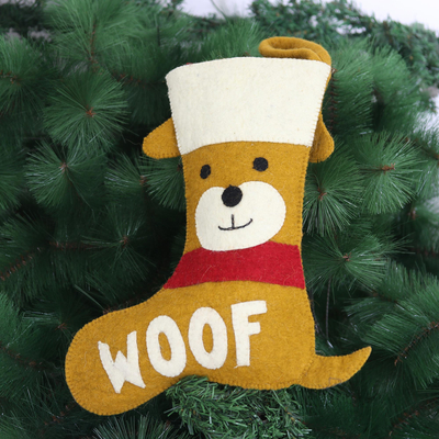 Media navideña de fieltro de lana, 'Woof' - Linda media navideña de fieltro de lana para cachorros