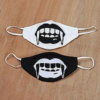 Cotton face masks, 'Vampire Mischief' (pair) - Vampire Black and White Reusable Face Masks Pair