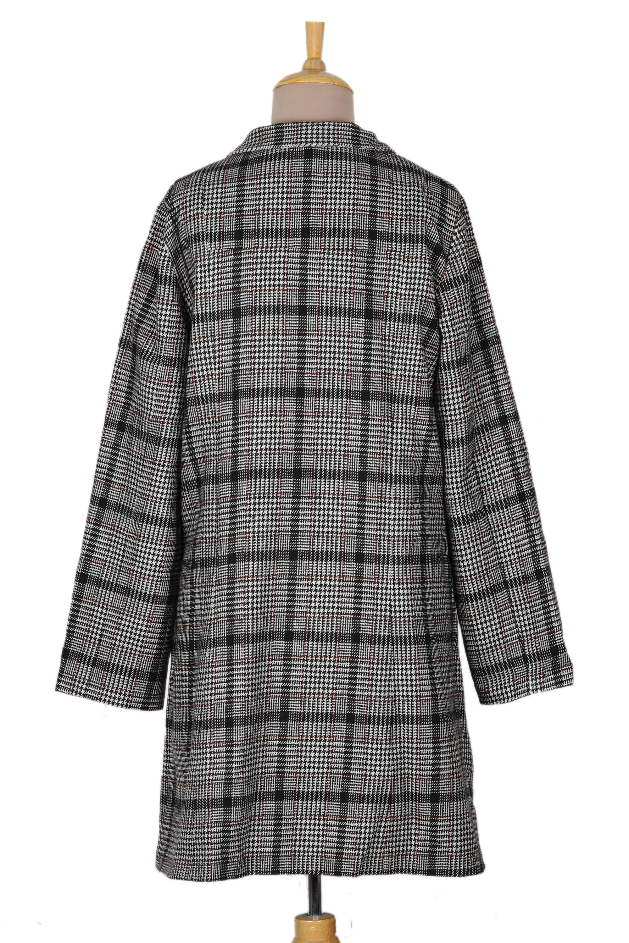 UNICEF Market | Black and White Glen Plaid Car Coat - Delhi Classic