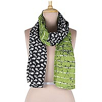 Batik cotton scarf, 'Elephant Attraction in Lime' - Hand Made Batik Block Printed Cotton Scarf