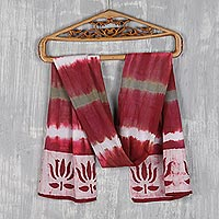 Cotton batik scarf, 'Lotus Glory in Burgundy' - Hand Made Tie Dye Batik Cotton Scarf