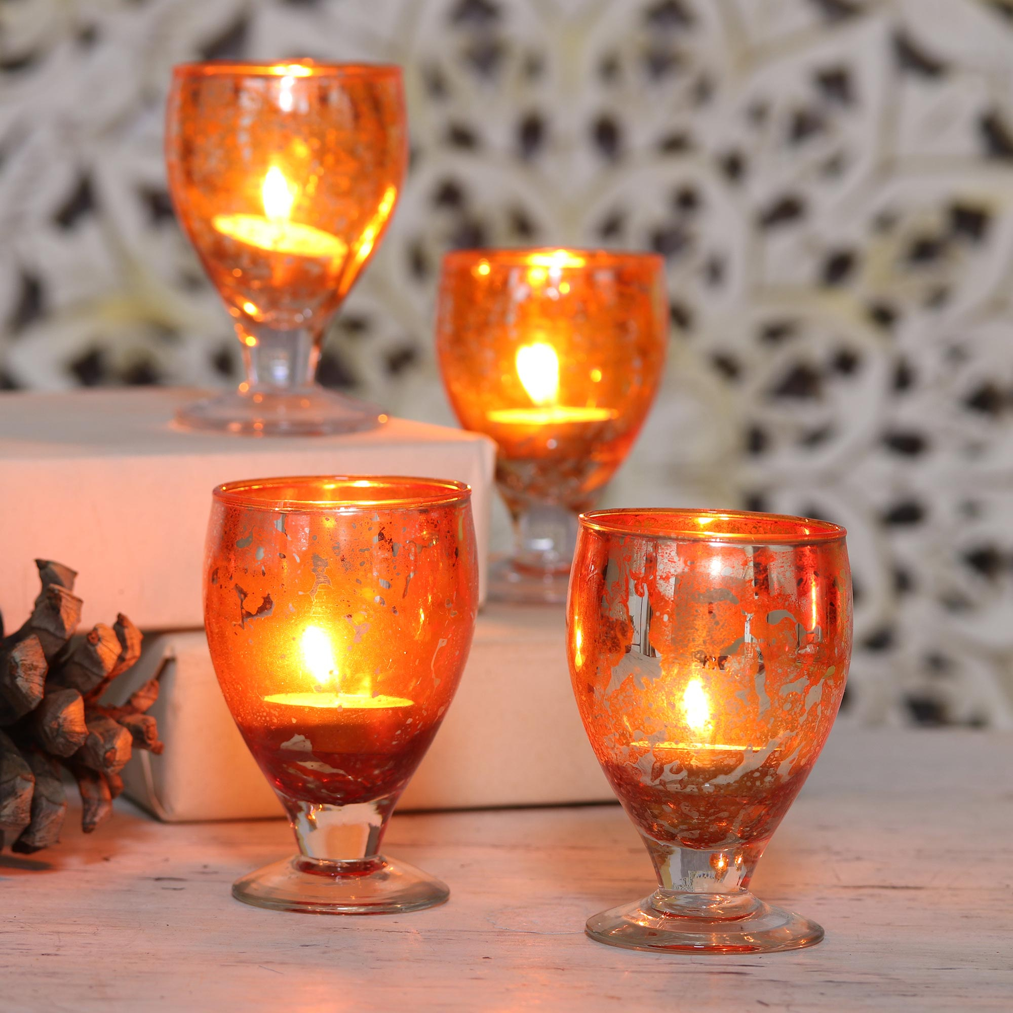 Set of 4 Orange Chalice Glass Votives Radiant Orange NOVICA