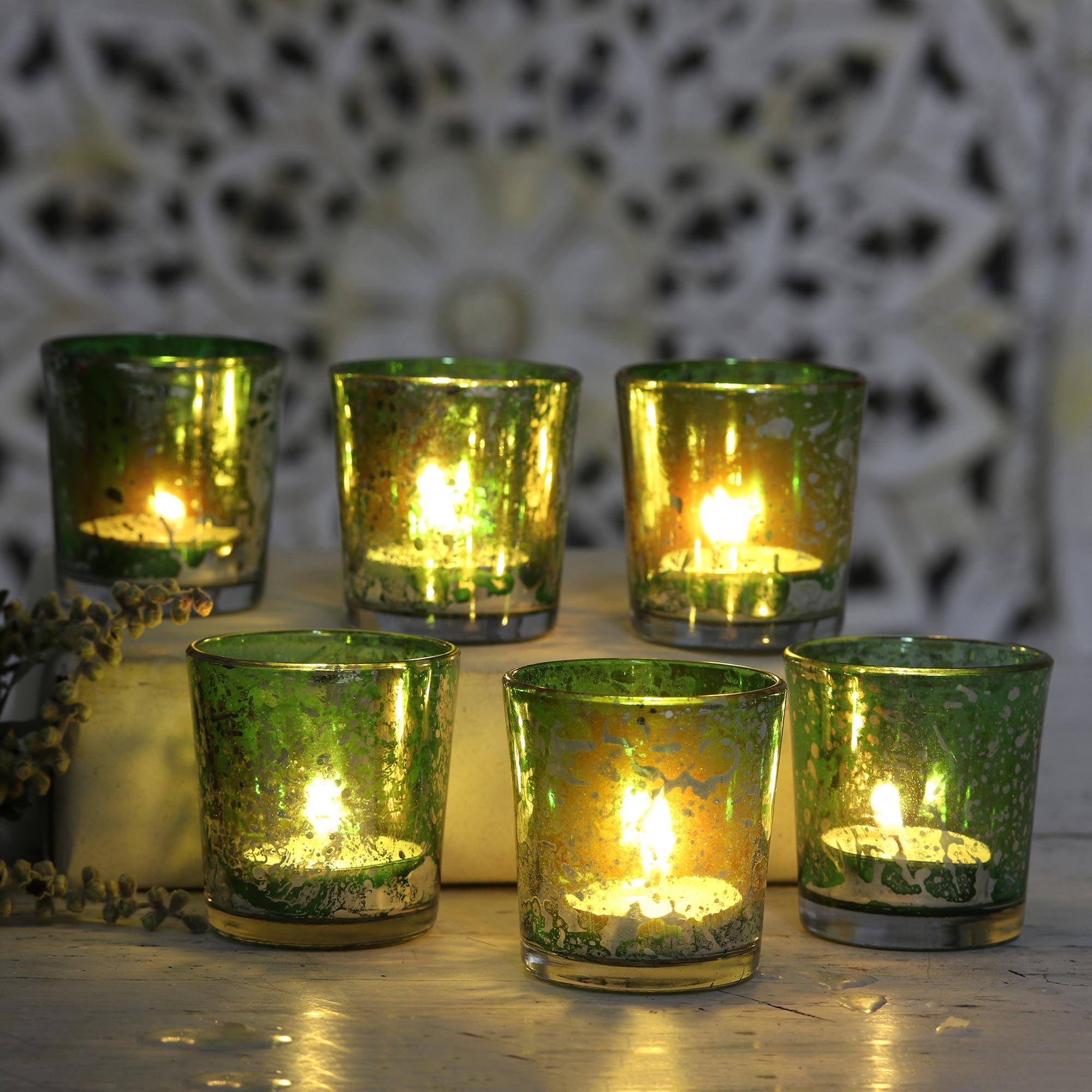 Set of 6 Green Glass Votives Timeless Glow in Green NOVICA