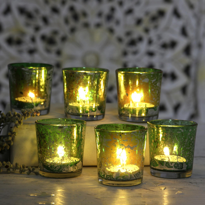Glass votive candleholders, 'Timeless Glow in Green' (set of 6) - Set of 6 Green Glass Votives