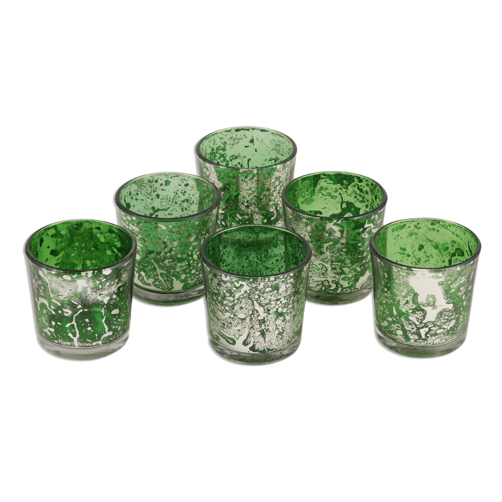 Set of 6 Green Glass Votives Timeless Glow in Green NOVICA