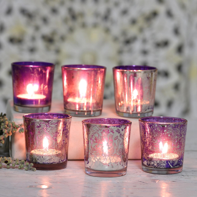 Glass votive candleholders, 'Timeless Glow in Purple' (set of 6) - Set of 6 Purple Glass Votives