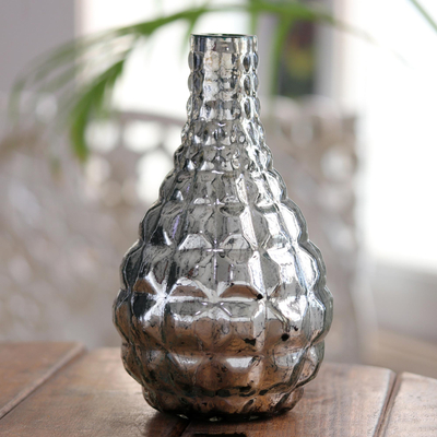 Glass vase, 'Silver Pillows' - Silvery Molded Glass Flower Vase