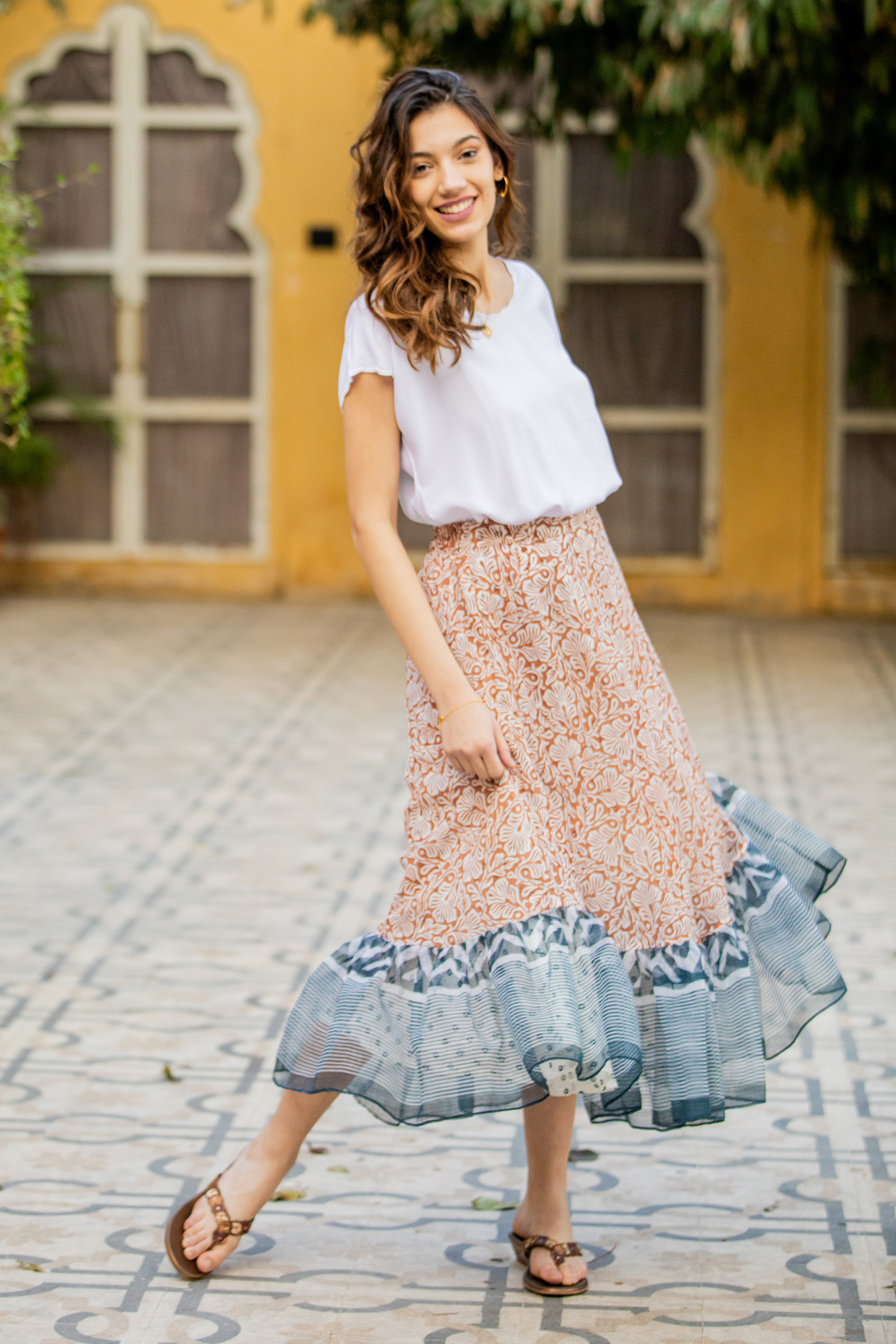 Hand-Block Printed Brown and Blue Cotton and Silk Midi Skirt