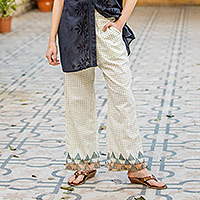 Pantalones de algodón con estampado de bloques, 'Summer Elegance' - Pantalones de algodón con estampado de bloques de la India