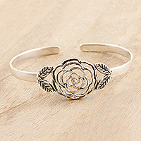 Sterling silver cuff bracelet, 'Dainty Rose' - Hand Crafted Sterling Silver Rose Cuff Bracelet