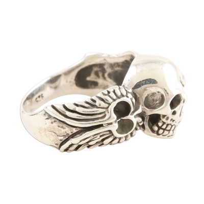 Sterling silver cocktail ring, 'Skull On Wings' - Unisex Handcrafted Sterling Silver Winged Skull Ring