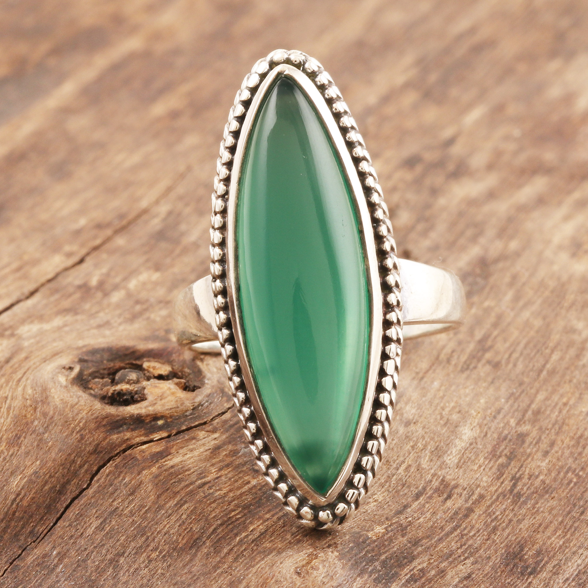 Marquise Green Onyx Cabochon Sterling Silver Cocktail Ring - Gleaming ...