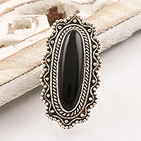 Onyx cocktail ring, 'Magnificence in Black' - Ornate Black Onyx Cabochon Sterling Silver Cocktail Ring